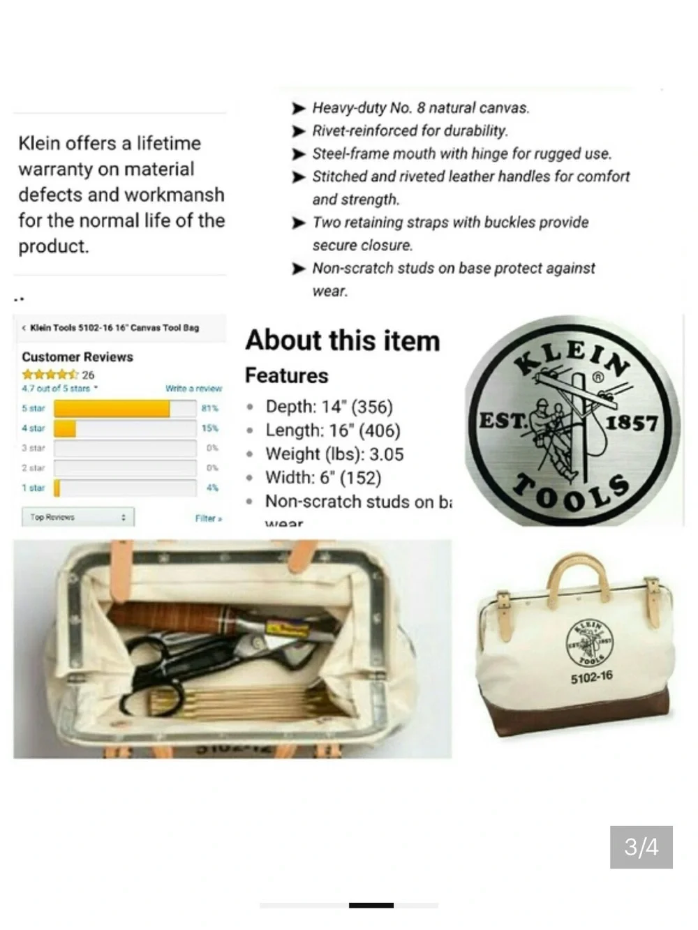 Klein Tools 5102-16 Canvas Leather Tool Bag Wide Mouth Heavy Duty Made in USA